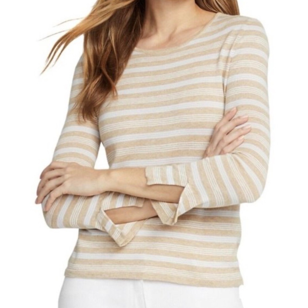 J McLaughlin Striped Long Sleeve Knit Top Tan White lightweight split cuff M